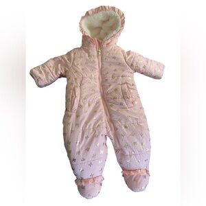 Jessica Simpson Pink Bow Print‎ Hooded Snowsuit For 3-6 Months Lined Insulated